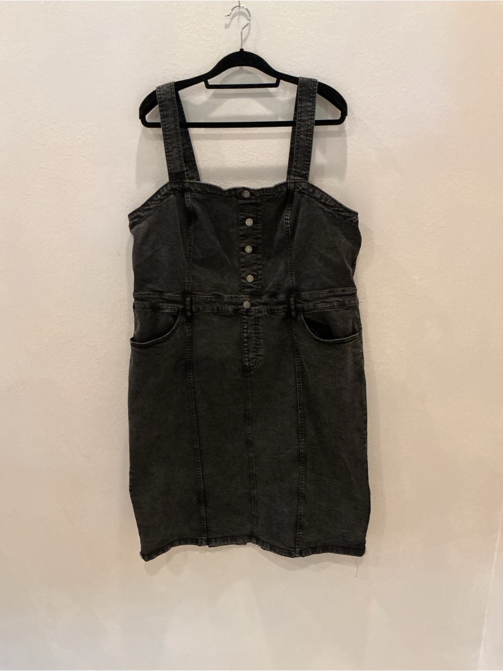 Black Distressed Denim Pinafore Dress with Button Front Size 2X NWOT